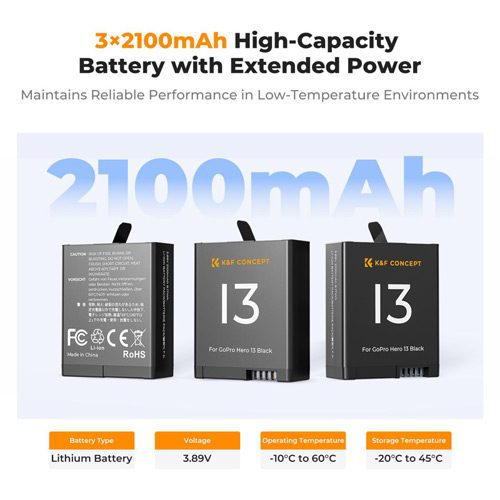 باتری و شارژر سه تایی گوپرو 13 کی اند اف K&F Concept Hero 13 Battery Charger